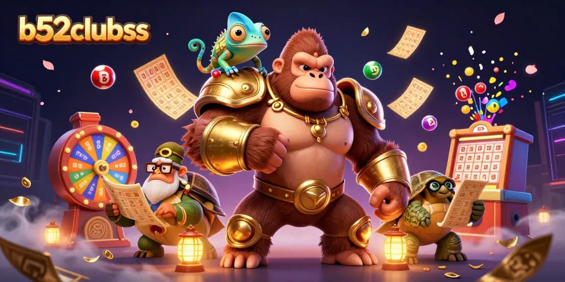 B52clubss showcases vibrant gambling excitement with a powerful gorilla king and a colorful game atmosphere.