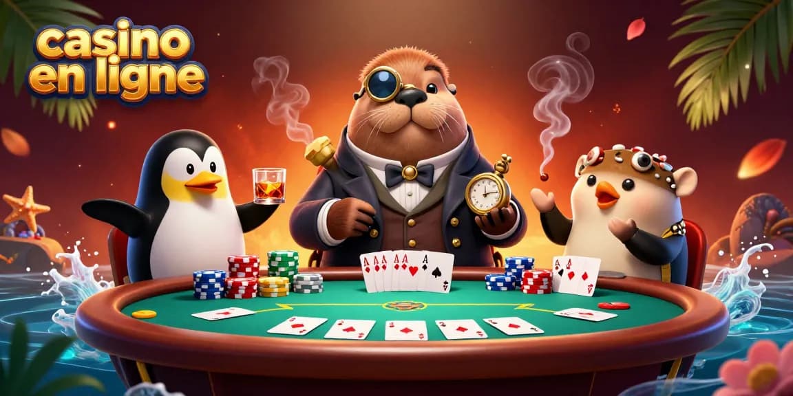 Plongez dans l'univers des jeux avec ce casino en ligne, où un morse joue au poker avec des amis sous l'eau.