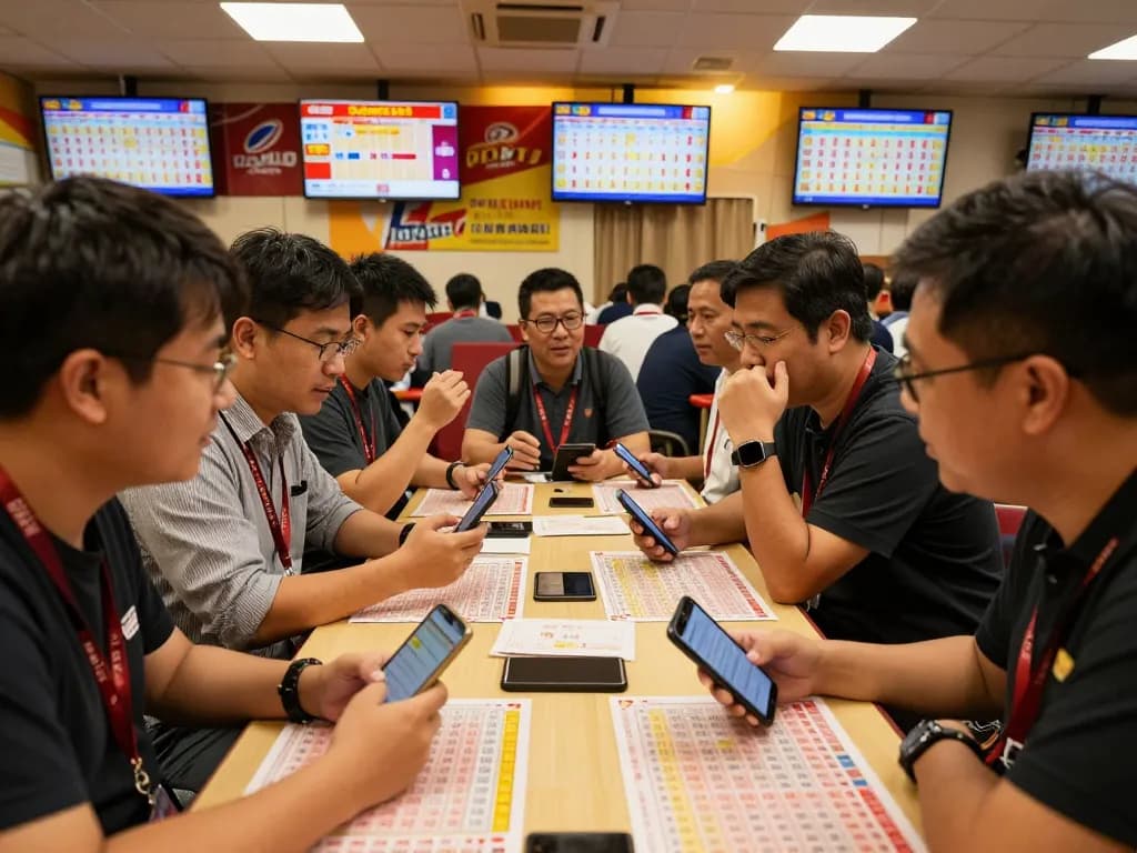 Players celebrating their HK Togel lottery wins with colorful betting slips in a lively lottery hall.