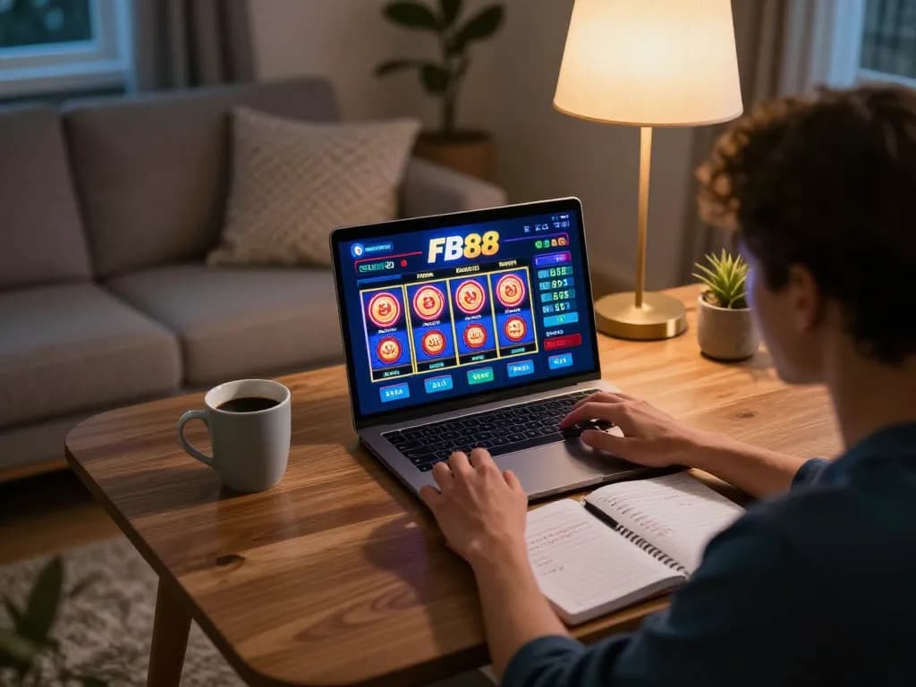 Engaging in Đăng Nhập FB88 from a cozy home setting with laptop and betting strategies visible