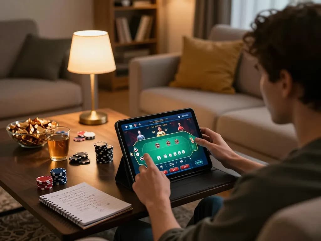 Engaging with the f8betz online poker app from a cozy home gaming setup, promoting responsible gambling.