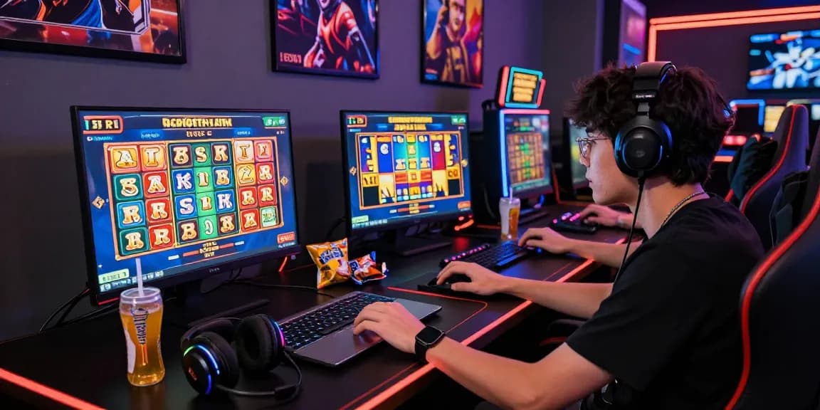 Exciting gaming room featuring online slot deposit 5k gameplay, colorful slot machines, and an engaged player.