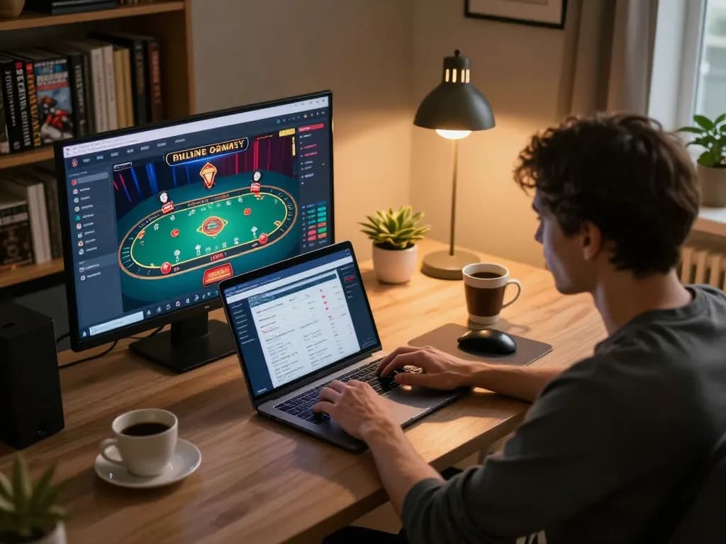 Engage with 888vnd during comfortable online poker gaming session in home office.