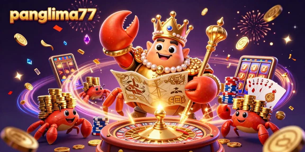 Panglima77 showcases a vibrant 3D scene with a golden crab emperor and dazzling casino elements celebrating winning moments.