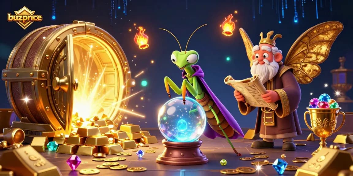 Spin and win at buzprice with a mystical fortune teller and a wise librarian surrounded by treasures.