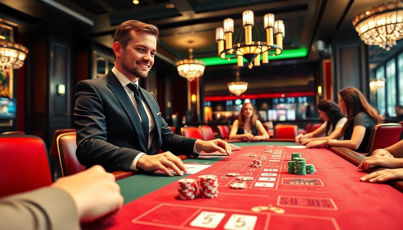Engaging players in an Online casino UK, showcasing vibrant gaming tables and a professional dealer.