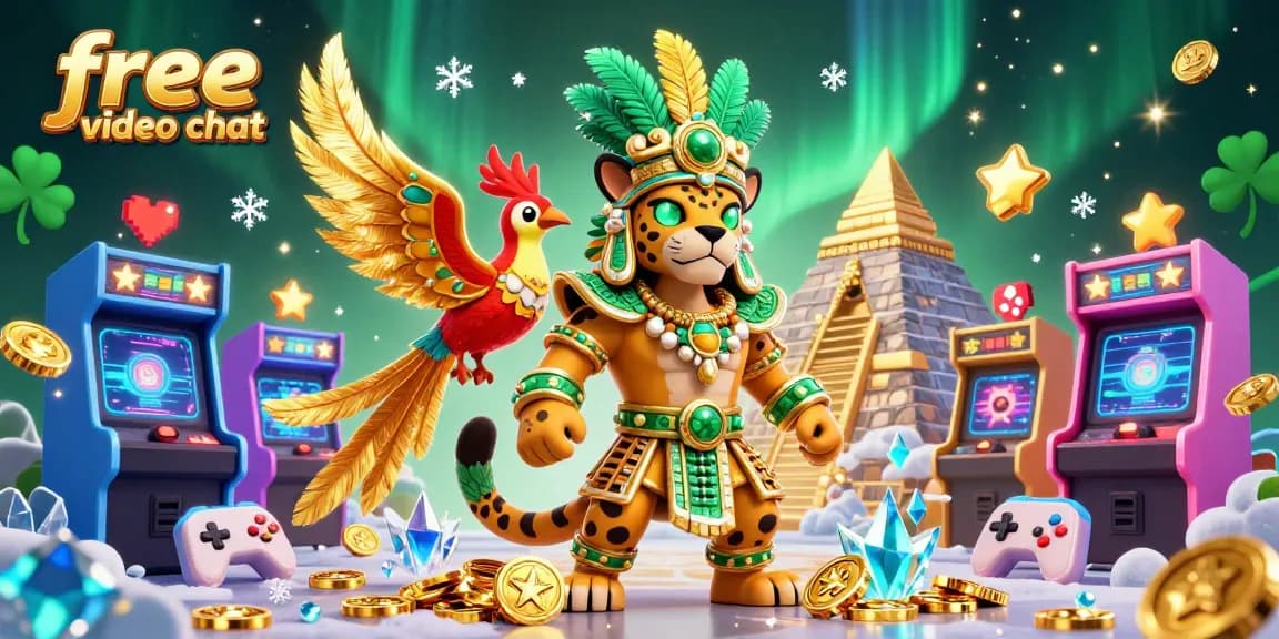 Engage in free video chat with lively characters from a Mayan-themed casino, featuring vibrant gaming elements.