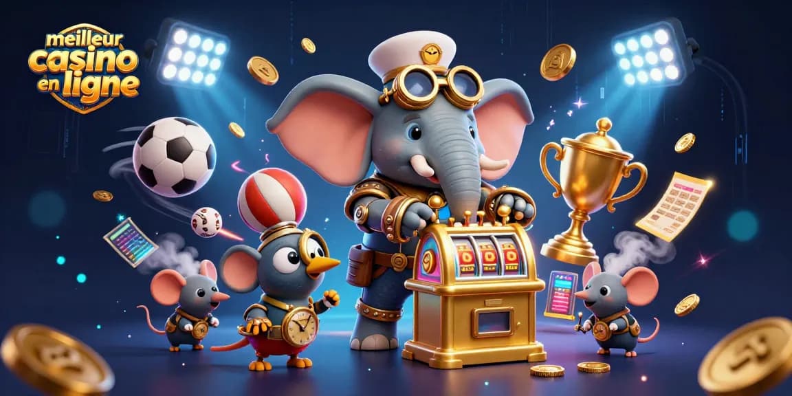 Action dynamique au meilleur casino en ligne avec éléphant et machines à sous, jeux captivants et trophées brillants.
