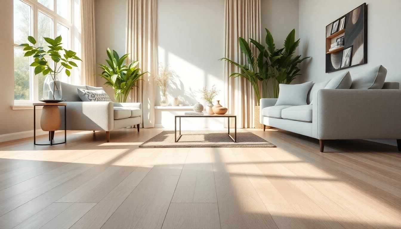 Transform your space with quality vinyl flooring showcasing a sleek finish in a modern living room setting.