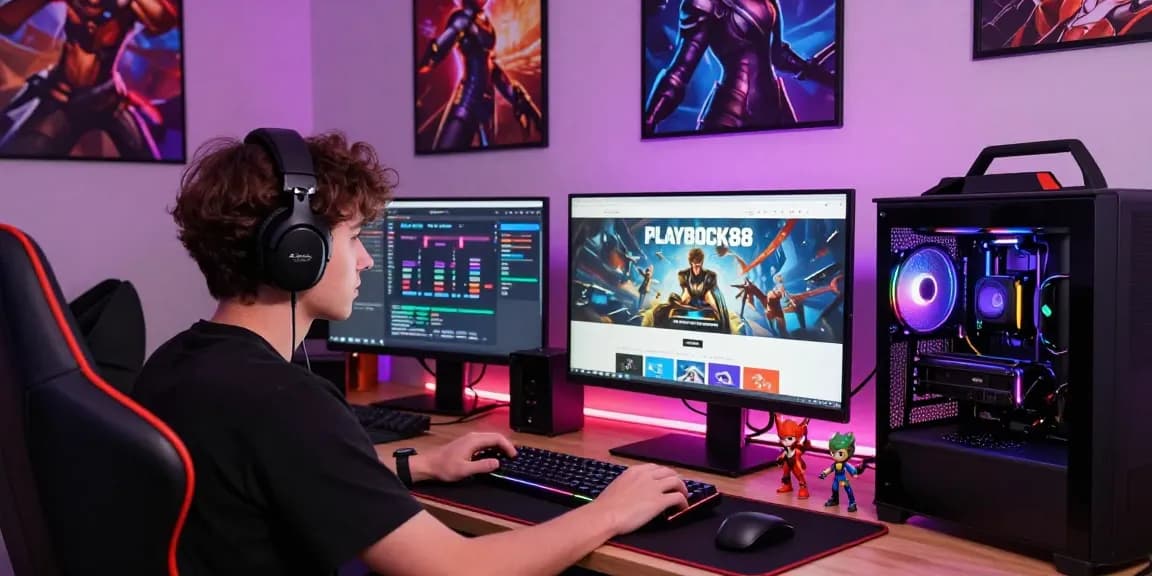 Engaging gamer immersed in the playbook88 link experience in a vibrant gaming room.