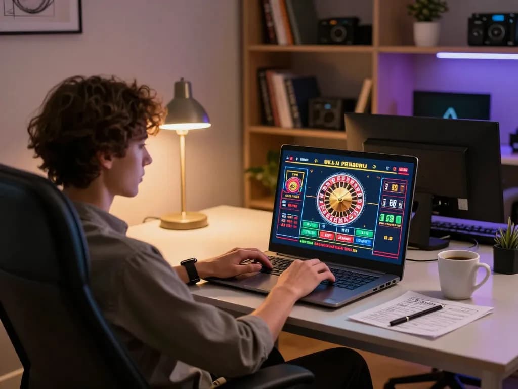Person enjoying a live casino game on 3win using a laptop at home, with strategy notes nearby