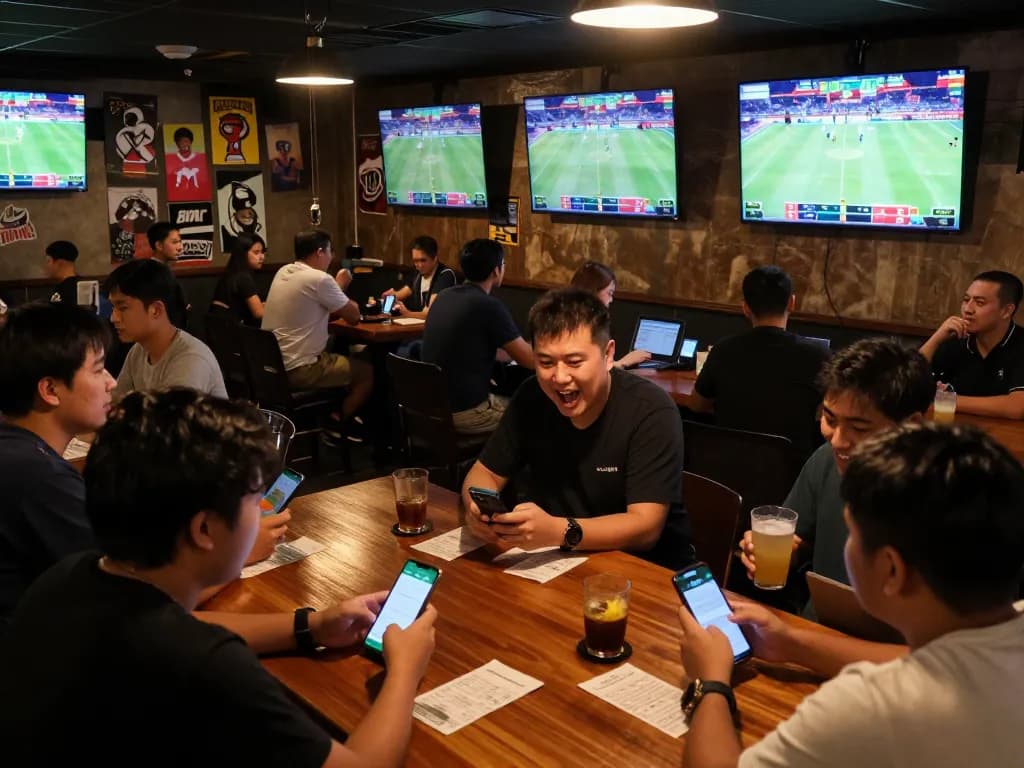 Enthusiastic patrons using nhandinhkeonhacai app for sports betting at a lively sports bar.