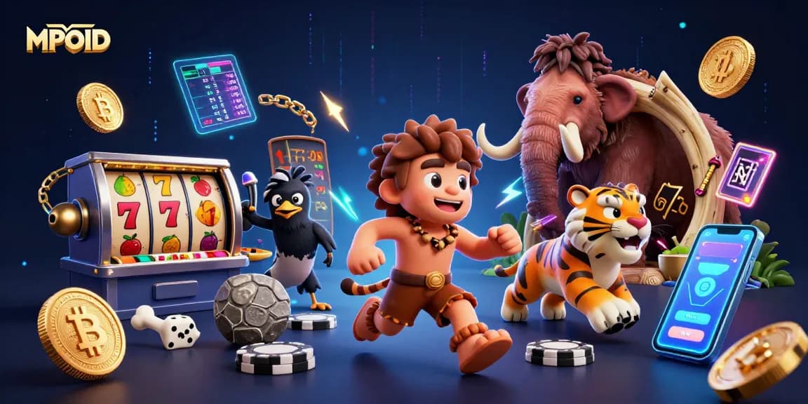 Engage with MPOID, featuring a caveman and sabertooth running a vibrant prehistoric casino.