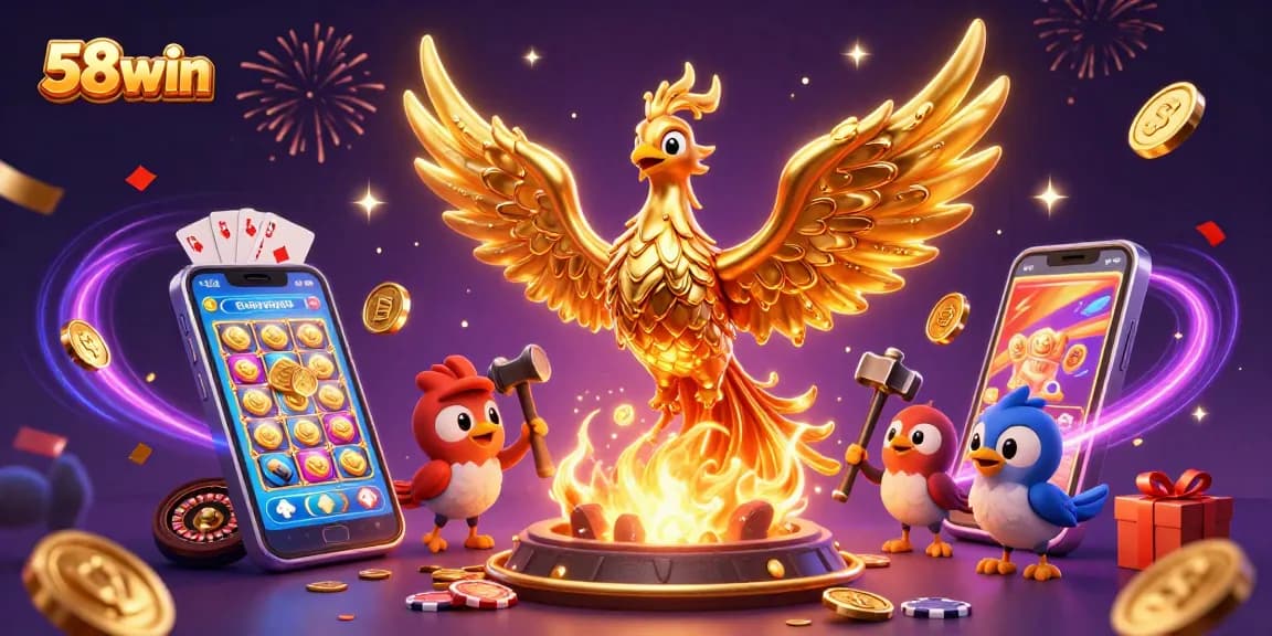 Experience thrilling gaming at 58win with a vibrant 3D phoenix scene illustrating exciting slots and casino elements.