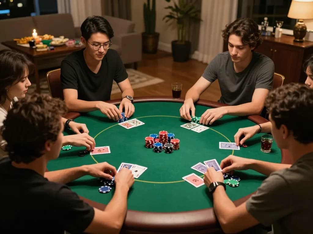 Friends enjoy poker night at home, showcasing a strategic game moment featuring sv368 poker chips and cards.