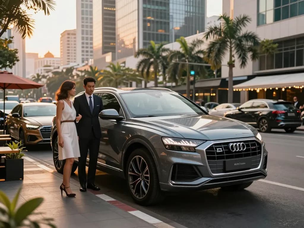 Cho thuê xe ô tô hạng sang với Audi Q8 tại Thành phố Hồ Chí Minh, có một cặp đôi và tài xế trong trang phục thanh lịch.
