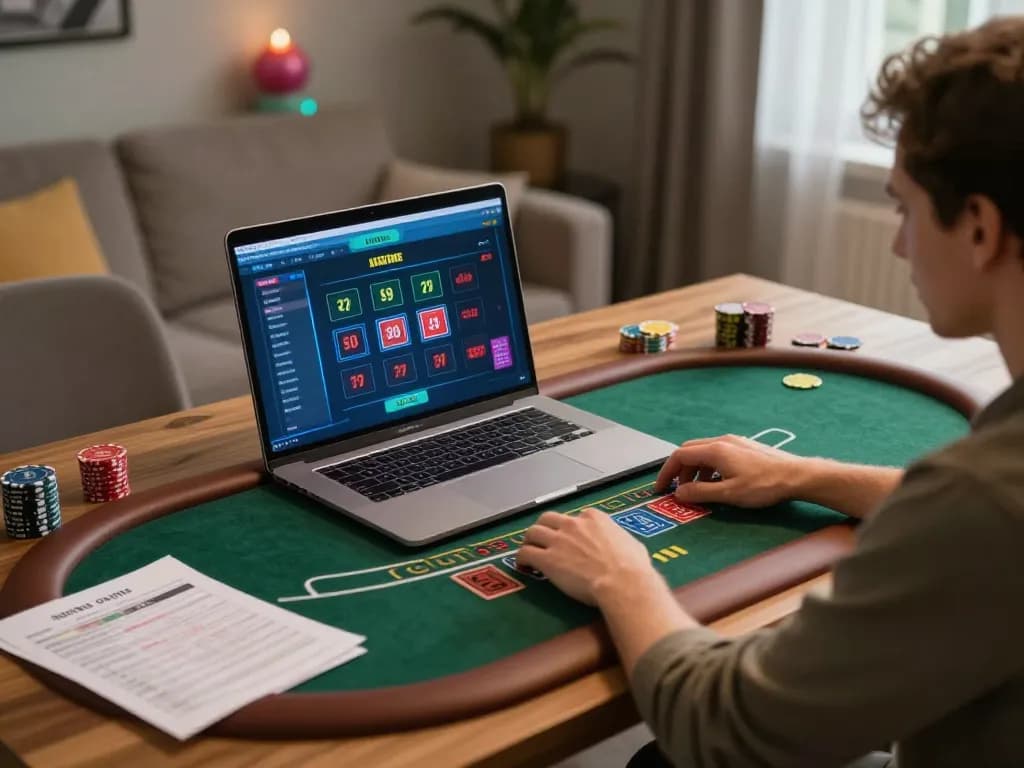 Engaging in sun win online blackjack at a cozy home office setup with strategy notes.