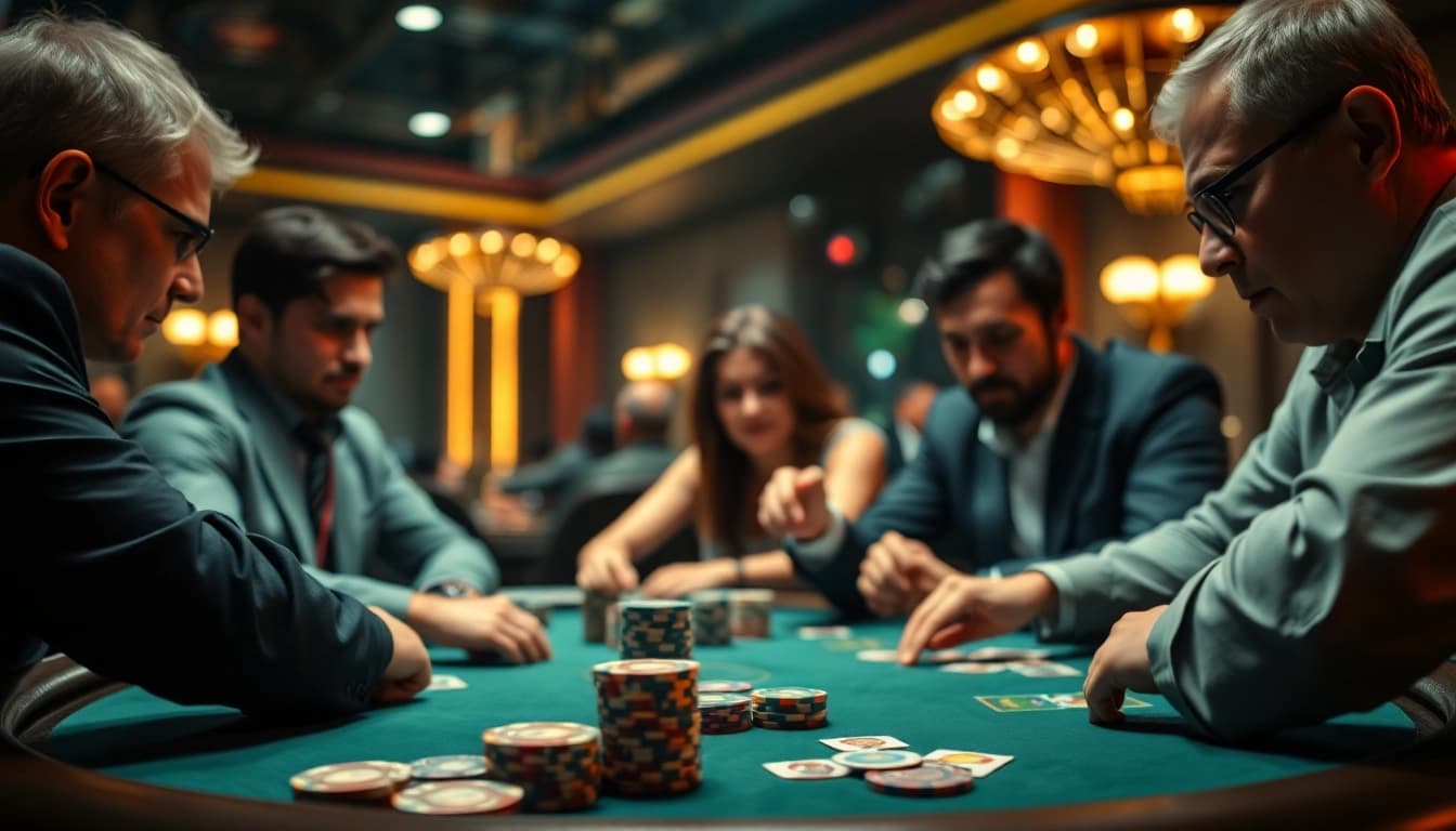 Barudak78 pemain poker fokus di kasino dengan chip dan kartu.