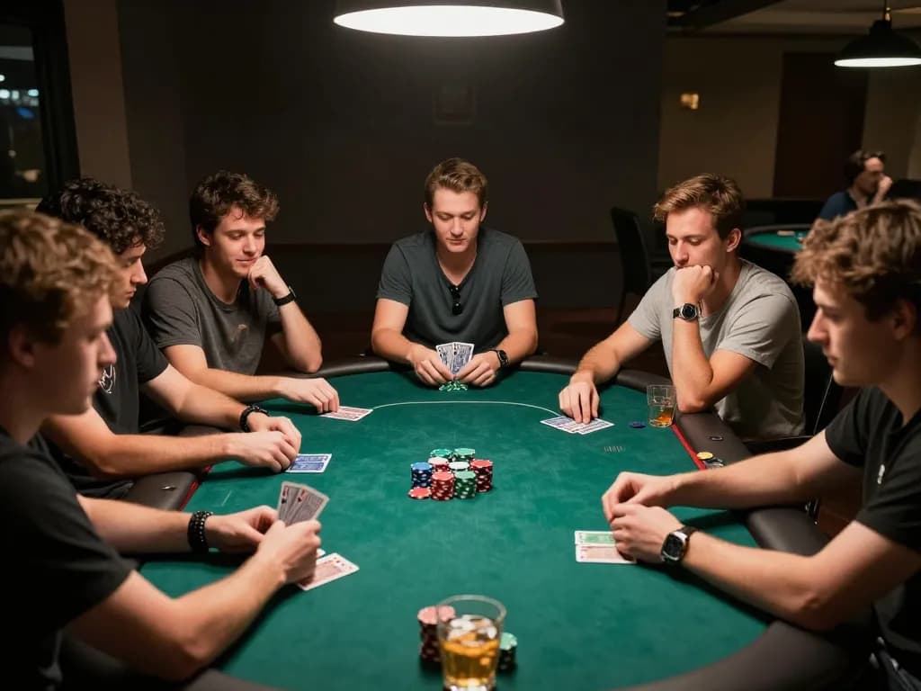 Engaging poker action with players strategizing their bets in a lively thabet game night