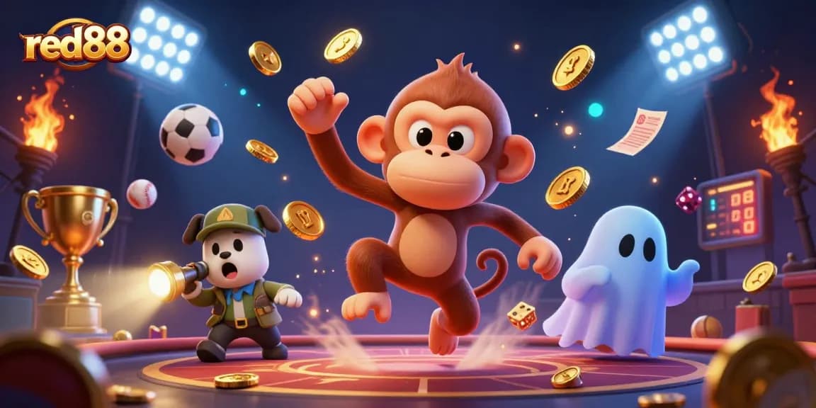 Experience the excitement of red88 with dynamic casino elements featuring our mischievous monkey and curious puppy.