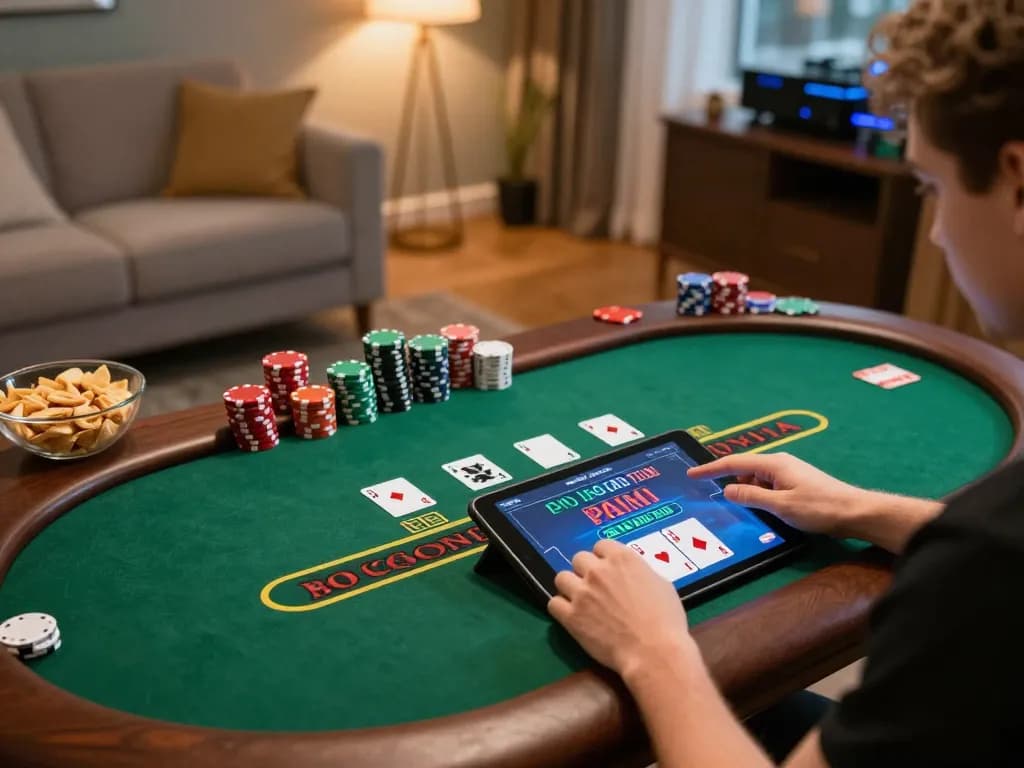 Player engaged in sin88 live dealer blackjack on tablet at a cozy home gaming setup.