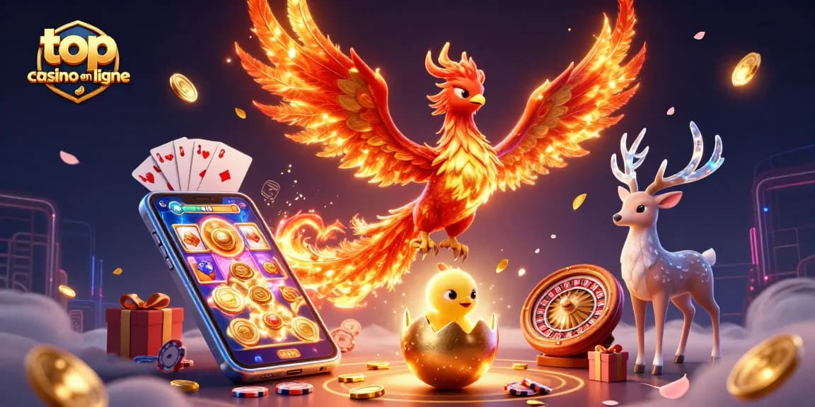 Top casino en ligne avec une illustration captivante d'un phoenix et des éléments de jeux de casino.