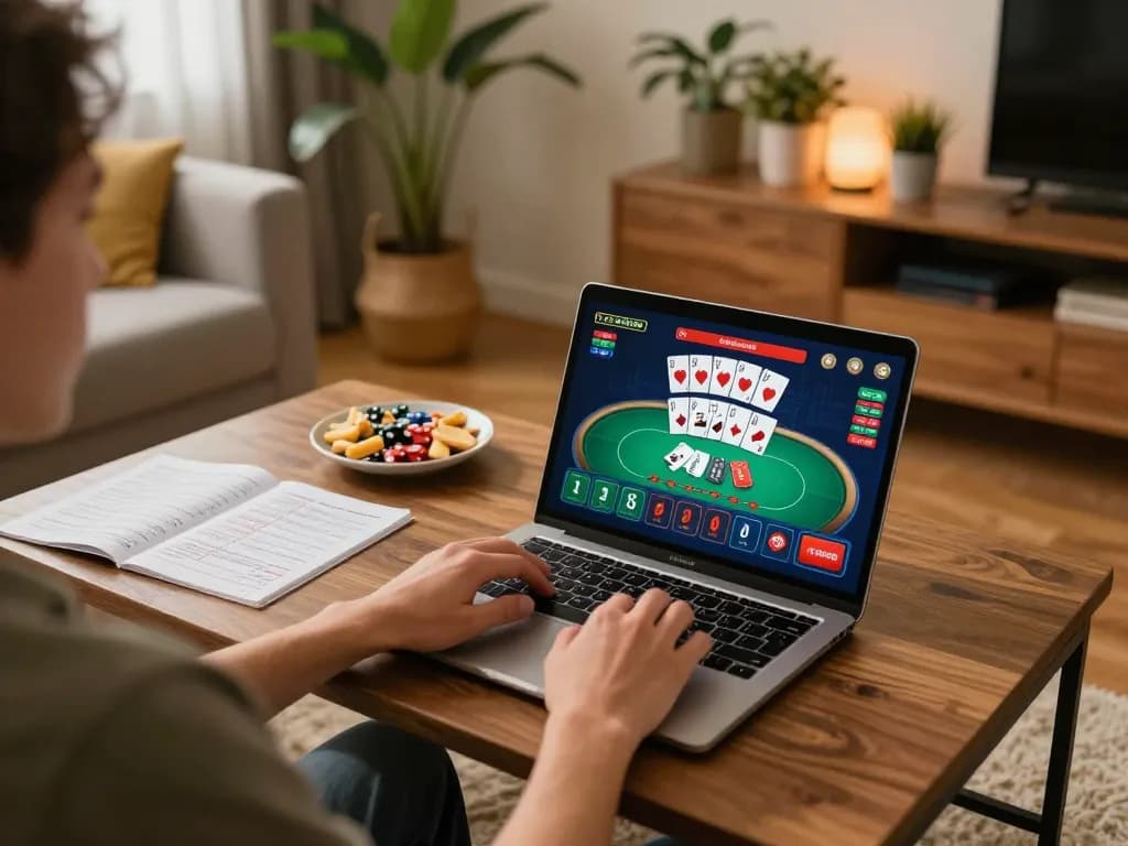 Engaging in poker gameplay on 78wingo's online platform in a cozy home setting