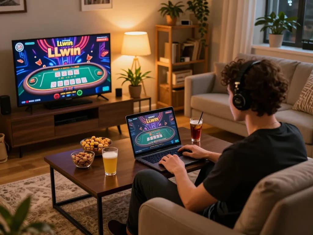 Engaging in LLwin's live casino game on a cozy home setup, showcasing vibrant gameplay and user-friendly interface.
