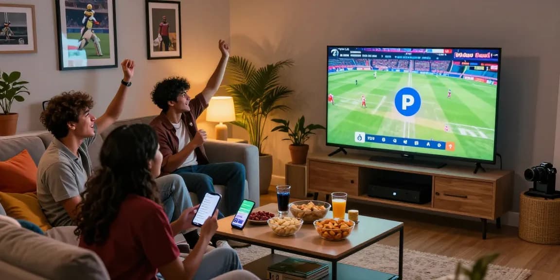 Friends enjoying a cricket match on Pikashow app, snacks and drinks present