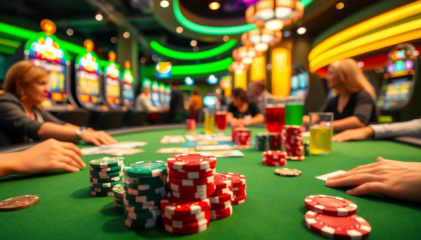 Permainan poker bbni4d yang seru dengan chip warna-warni di meja kasino.