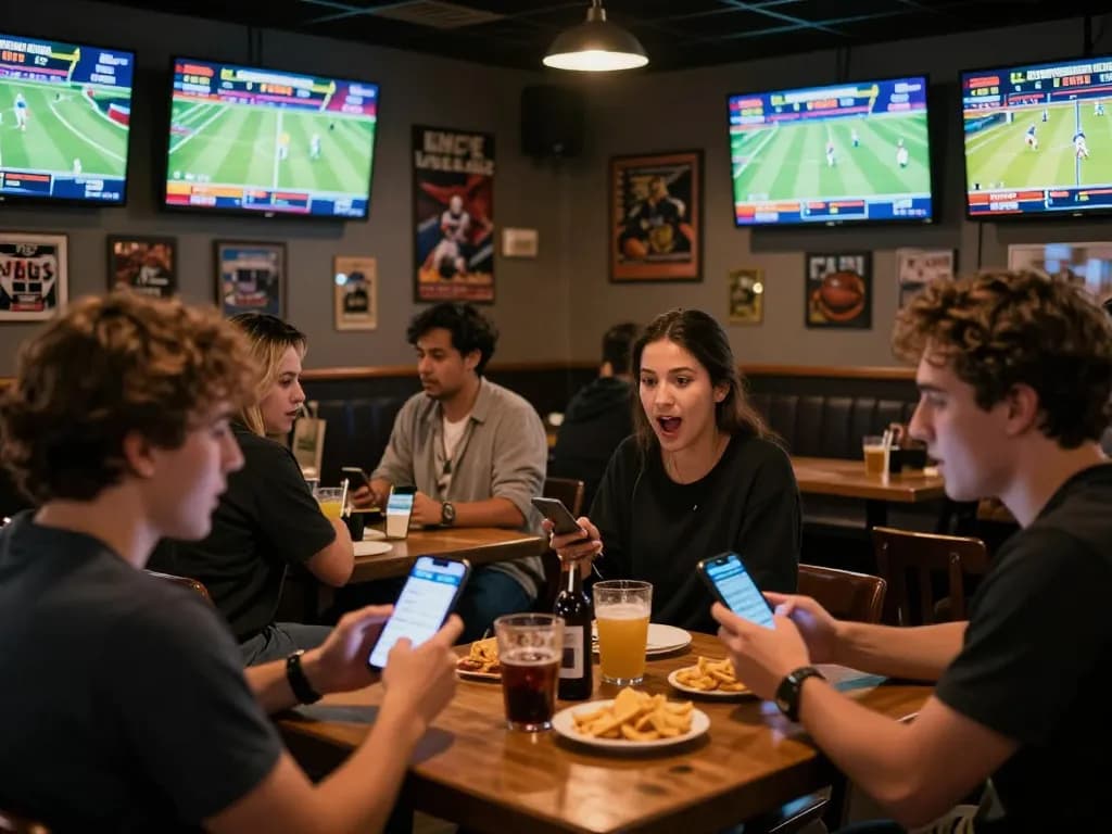 vin88 sports betting enthusiasts engaging in lively action with mobile apps in a vibrant sports bar