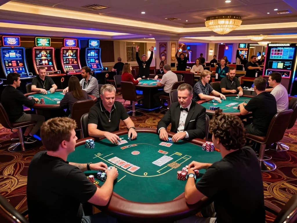 Players enjoying vibrant ALO8 casino action at poker tables with chips and cards visible