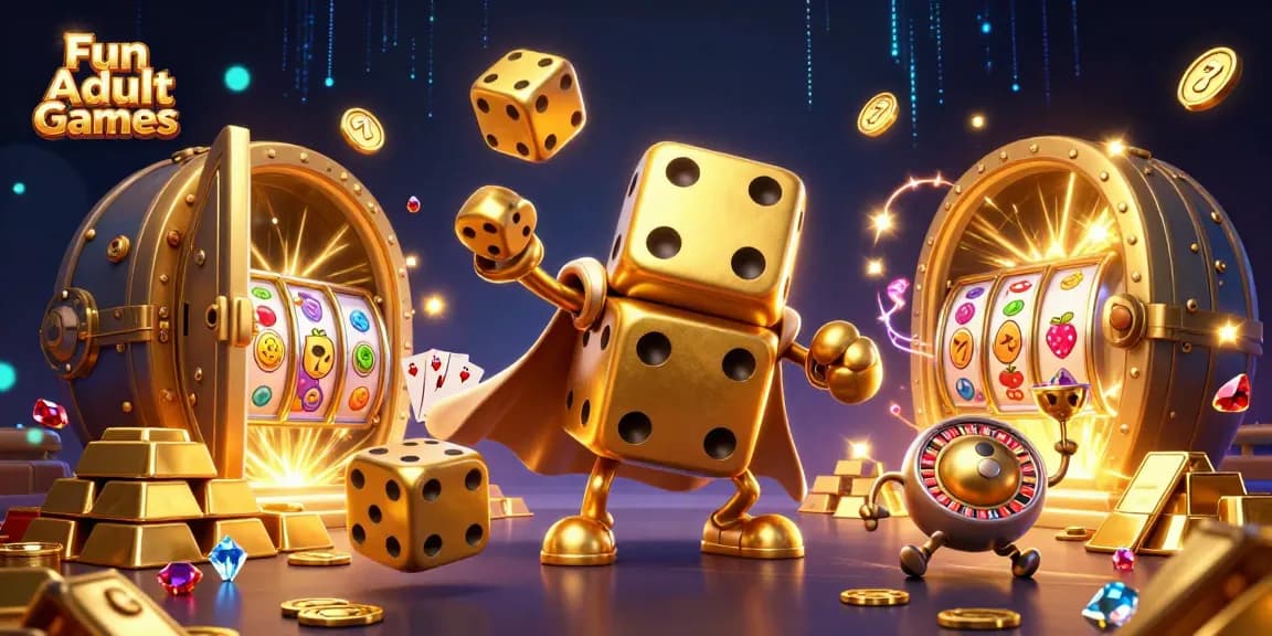 Engage in Fun Adult Games as golden dice characters and slot elements enrich the casino scene.