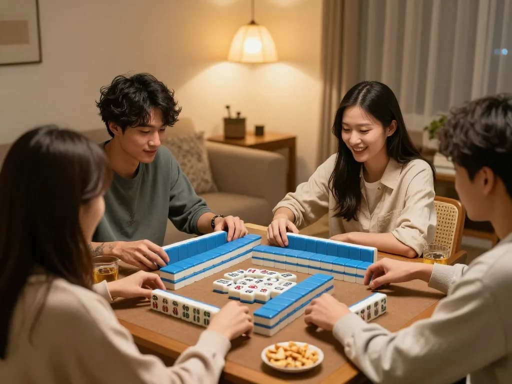 Friends enjoying a Mahjong game night, showcasing excitement and social interaction in this situs gacor atmosphere.