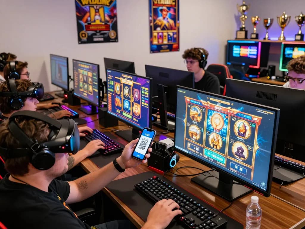 Group of online gamers using slot qris for instant deposits and enjoying vibrant gameplay in a lively setting.