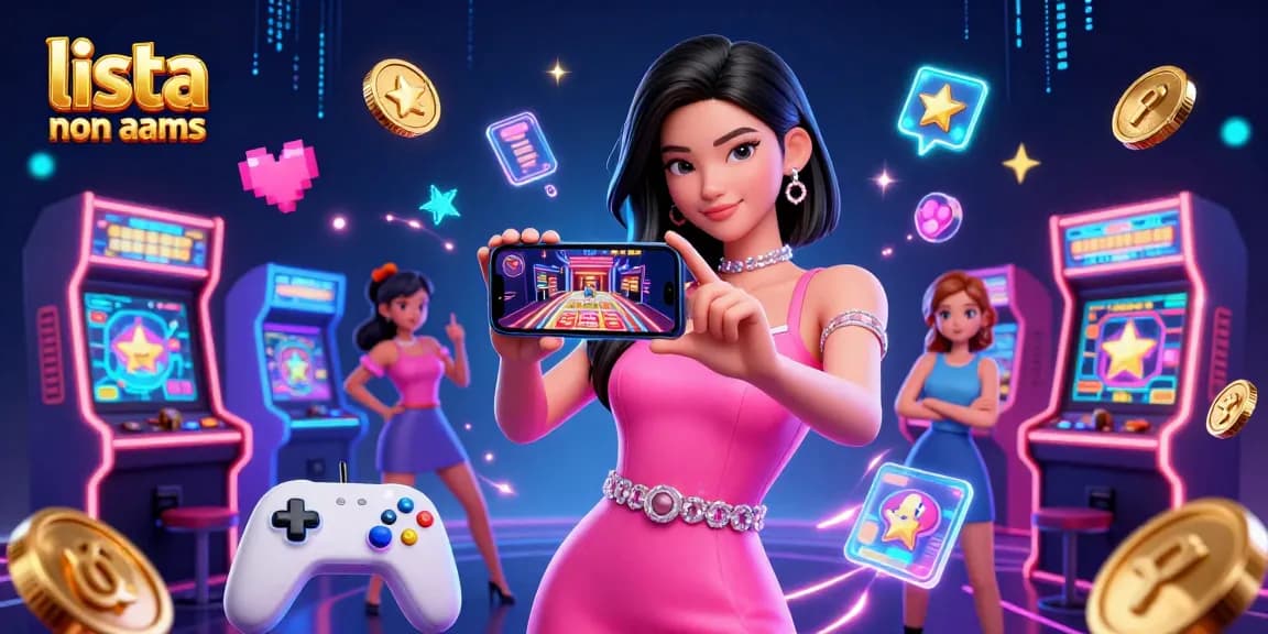 Interagisci con la lista casino non aams attraverso un'illustrazione vivace che mostra una donna asiatica mentre esplora un gioco con croupier dal vivo.