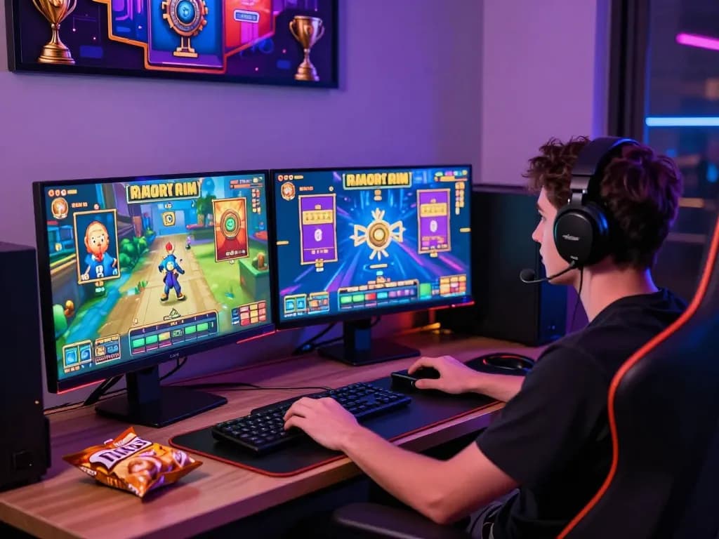 Engaging player immersed in a slot gacor gaming session with dual monitors and vibrant graphics