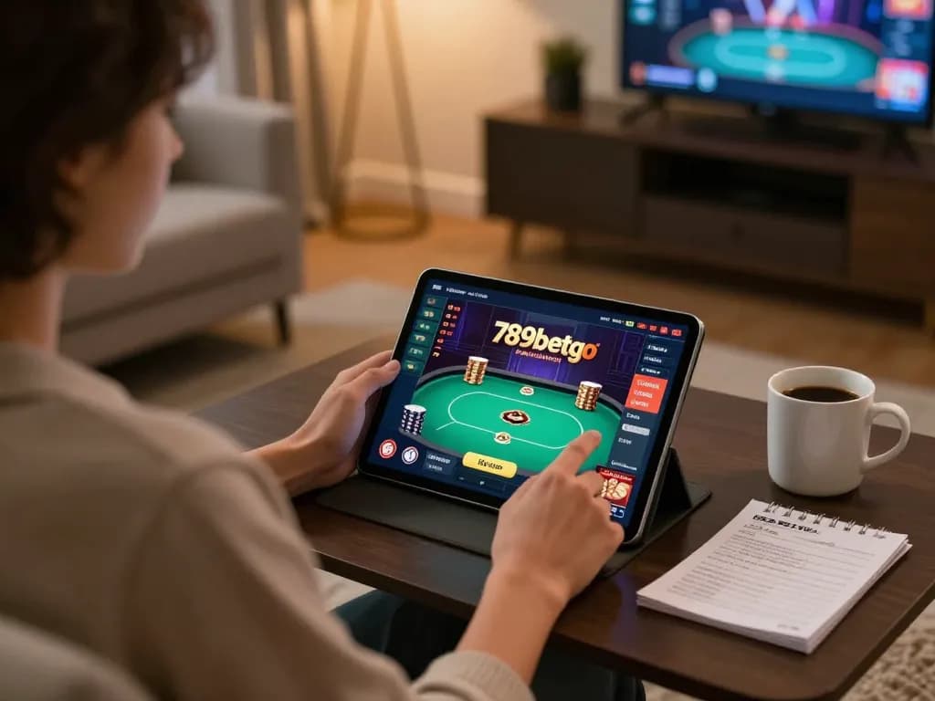 Engaging with the 789betgo app for online gaming in a cozy atmosphere with a poker game interface.