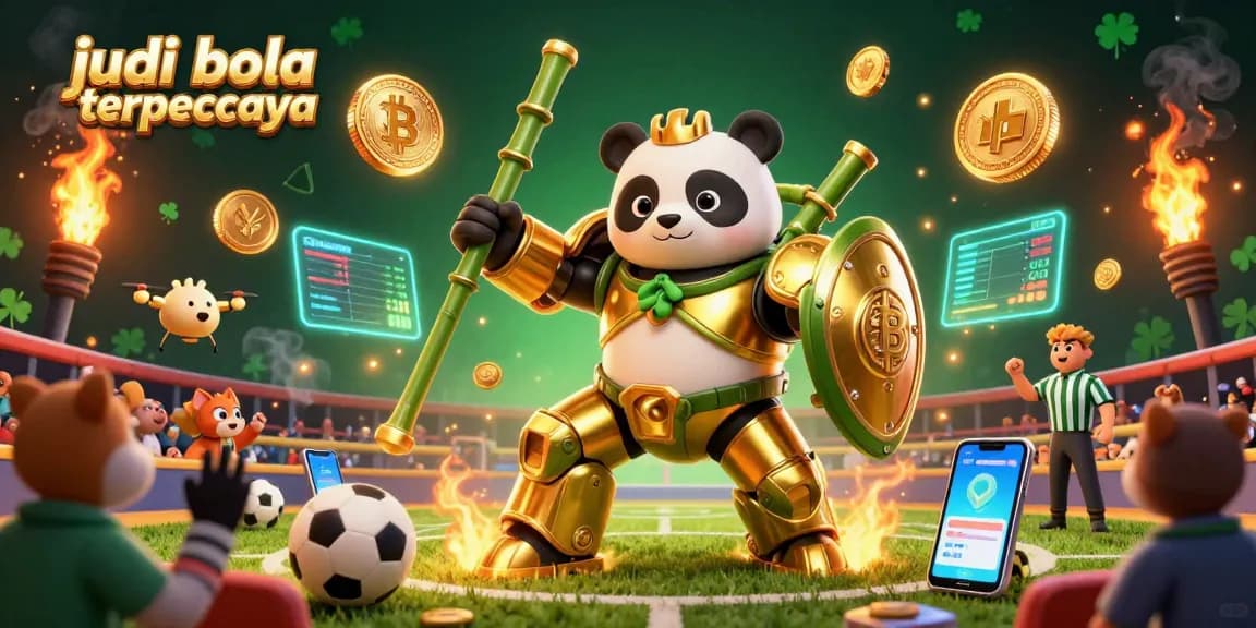 Engage in sports betting with judi bola terpercaya, featuring a golden panda in a dynamic match surrounded by crypto elements.