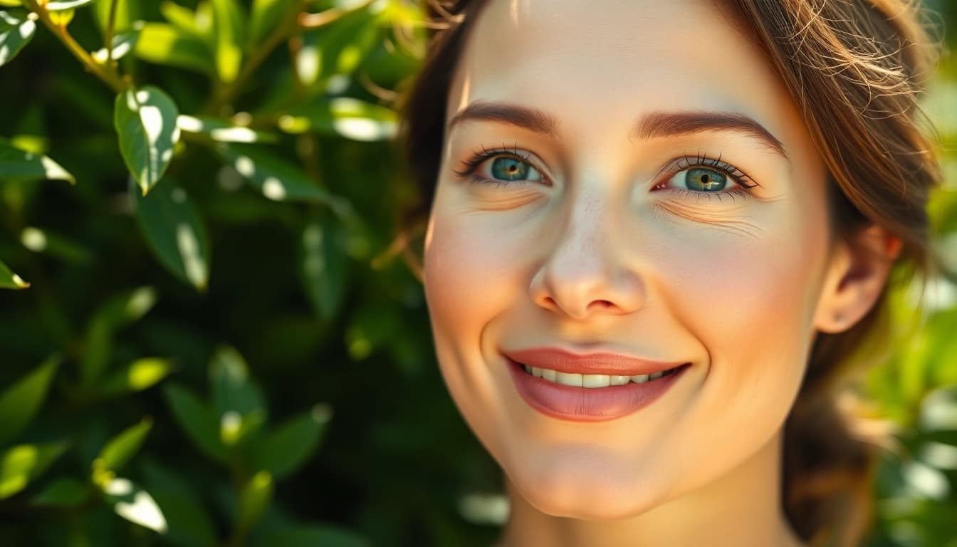 Highlighting astaxanthin benefits for skin, a radiant woman showcases her glowing complexion.