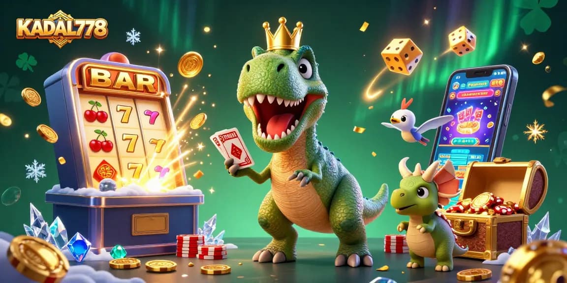 KADAL778 showcases vibrant 3D characters playing cards at a lively casino with slots, gold coins, and bright lights.