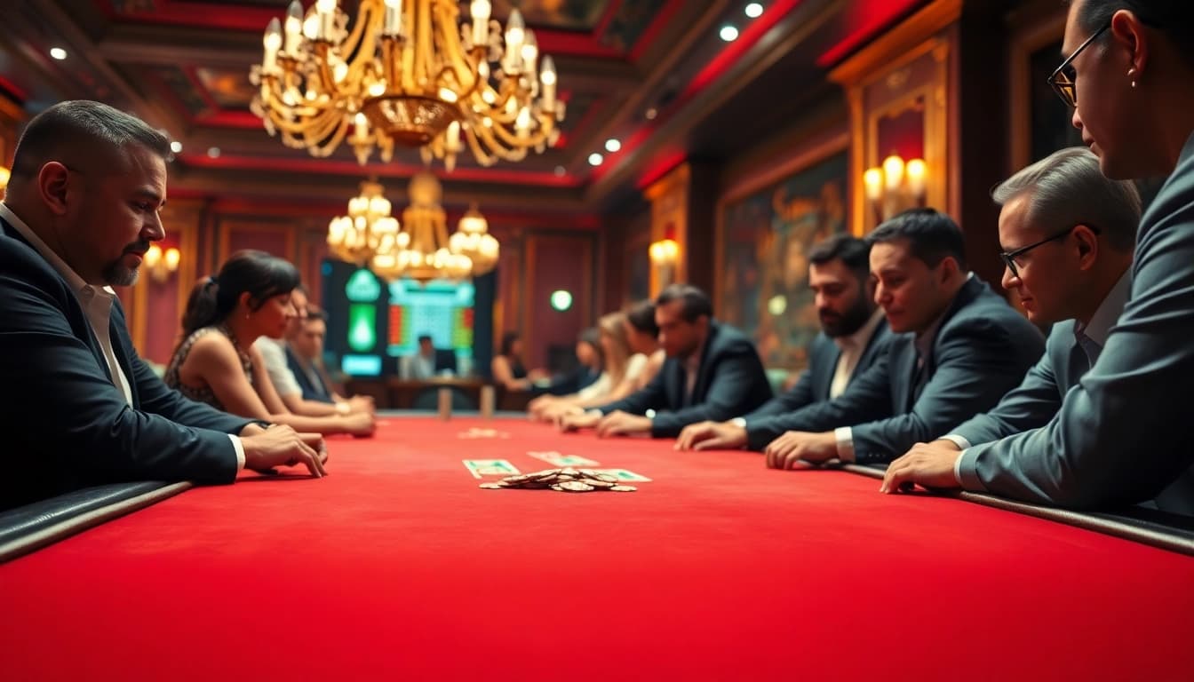 Players enjoying a game at a Non gamstop Casino UK, illuminated by elegant chandeliers.