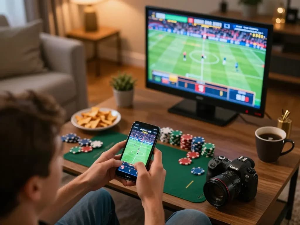 Engaging sports betting activity with keonhacaii88 on smartphone in cozy living room.