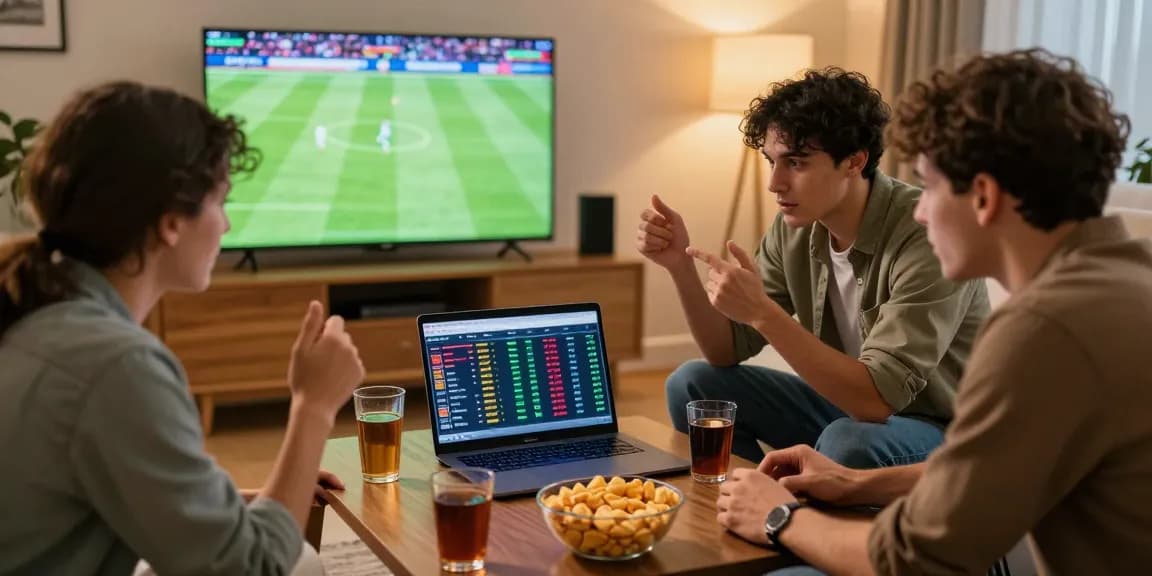 Group of friends analyzing keobongdahomnay football betting odds during a match