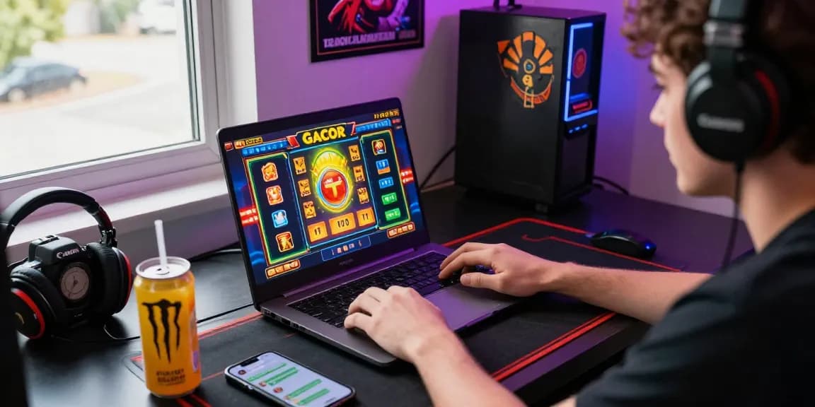 Player enjoying a thrilling slot gacor game on a laptop with vibrant graphics and gaming accessories.
