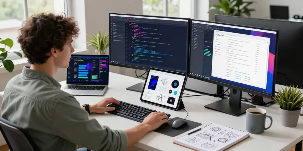 Engaging workspace for software development focusing on 纸飞机中文版 with vibrant coding on dual monitors and tech gadgets.