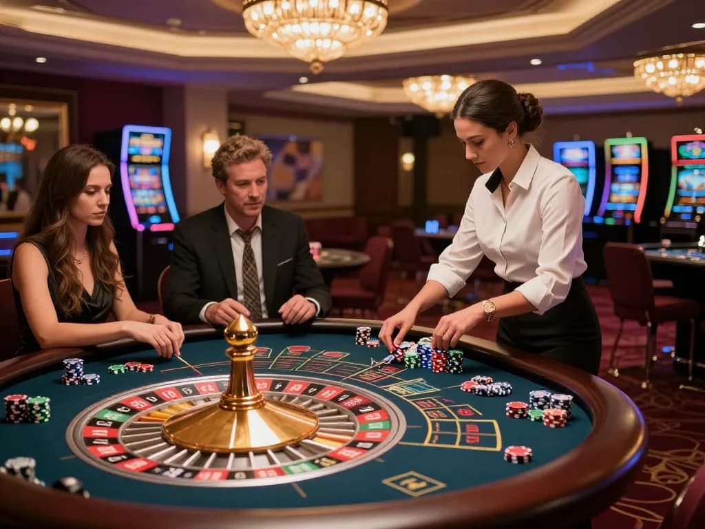 Experience thrilling roulette gameplay at fc88 with engaging players and luxurious casino ambiance.