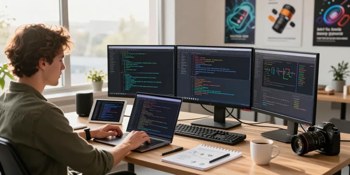 Developer immersed in coding using open claw skill in a vibrant tech workspace with laptops and screens displaying algorithms.