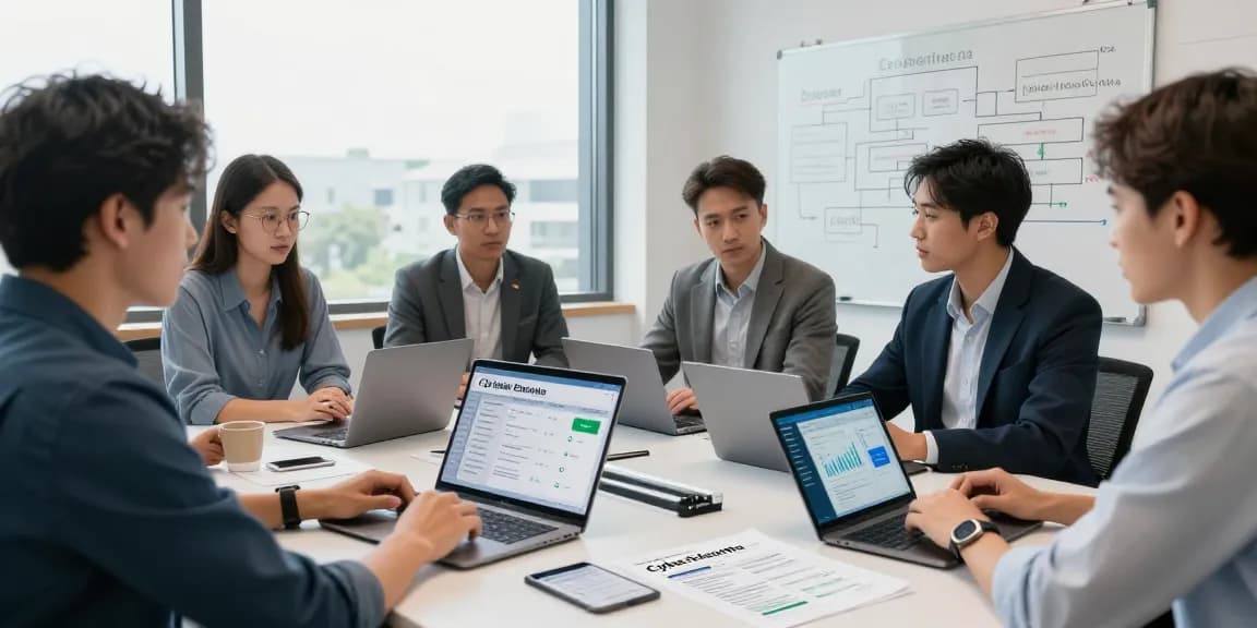 Team discussing how to get cyber essentials certified during a meeting with notebooks and laptops in a well-lit office.