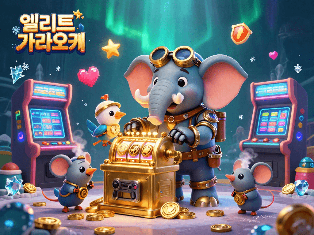 엘리트 가라오케에서 스팀펑크 코끼리 엔지니어가 슬롯 머신을 조작하는 모습